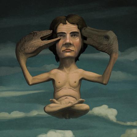 A surreal and imaginative illustration that features a figure with three heads. The central head is human, with a contemplative expression, while the two side heads are dinosaur-like, extending out from the palms of the figure's hands. The figure's body is seated in a meditative pose and appears to be floating above a cloudy sky, which blends into a tranquil blue backdrop. The style is reminiscent of Renaissance paintings with a touch of fantastical whimsy.