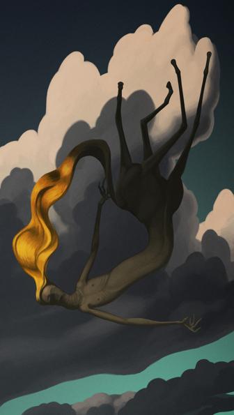 A striking and evocative image showing a figure in a state of freefall against a backdrop of billowing white clouds and a dark blue sky. The figure is silhouetted and appears almost featureless, with a flowing mane of bright, fiery orange hair that stands in stark contrast to its shadowy form. The figure's limbs are splayed out in a dramatic display, with the hands and fingers elongated, accentuating the feeling of motion and descent. The overall composition evokes a sense of dynamic movement and the interplay between light and dark, with the clouds below reflecting the sky's gradient from a soft teal to a deep navy.